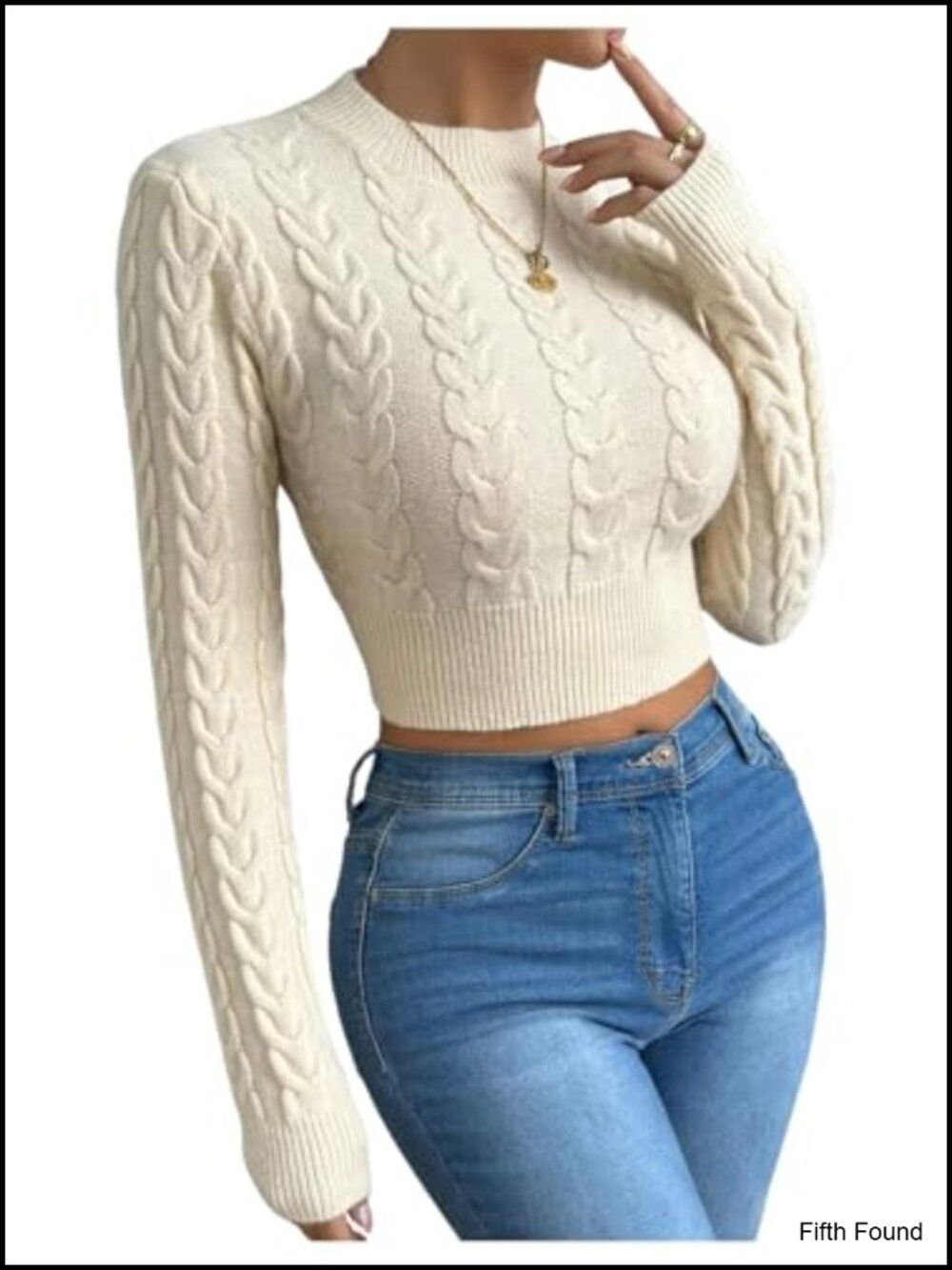 Cable Knit Crop Sweater Long Sleeve Crew Neck Pullover Top
